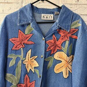 Vintage Keren Hart Denim Jacket Large Embroidered Floral Applique 90s Cottagecor